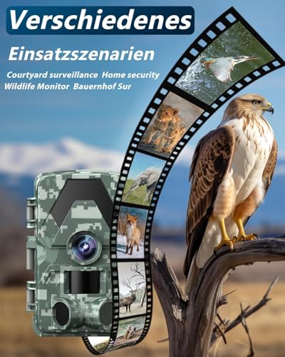 Wildkamera, 5K 60MP Wildtierkamera mit 98FT 130 Weitwinkel, 0,05s Auslösezeit Nachtsicht Bewegungssensor Jagdkamera, IP66 Wasserdicht, kein Glühen Infrarot-LEDs für Garten mit 64GB Speicherkarte