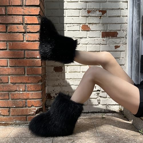 Women's Faux Fur Boot, Round Toe Suede, Warm Snow Comfy Plush Short Flat Mid-Calf and Knee High Furry Fluffy Boots4