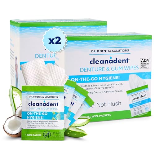 Dr. B Dental Solutions Cleanadent Wipes - Convenient Denture Cleaning Wipes, Refreshes Gums, No Artificial Colors/Flavors - 60 Count