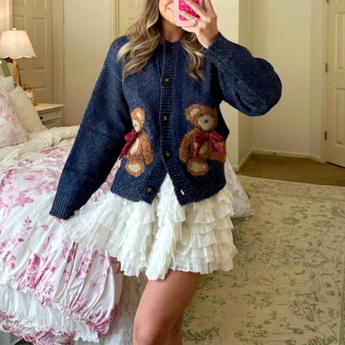 Women Cute Bow Bear Cardigan Sweaters Button Down Y2k Knitted Cardigans Casual Long Sleeve Knit Coats2