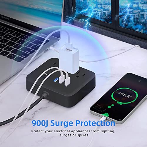 Power Strip Surge Protector Usb Ports, 3 Outlets Ports Desktop Charging Station, Flat Plug, Wall Mount,4Ft Braided Extension Cord,With Night Light Station For Cruise Ship,Home,Office, Black #TOP6