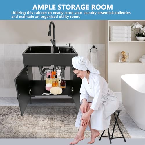 30-Inch Laundry Room Double-Bowl Sink Cabinet, Utility Sink with Cabinet and Pull-Out Faucet, Kitchen Cabinet with Sink for Laundry & Utility Room, Kitchen, Bathroom (Black, 29.52\" x 16.14\" x 33.46\")