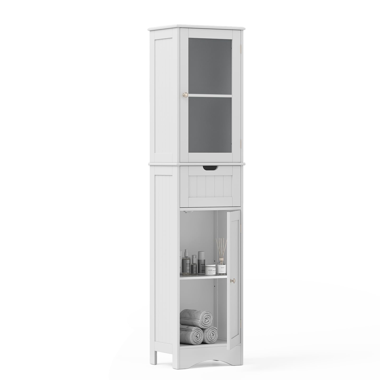 LOKO 67” Tall Bathroom Storage Cabinet with 2 Doors & 1 Drawer, Modern Floor Cabinet with Adjustable Shelves & Frosted Glass Door, Narrow Linen Tower