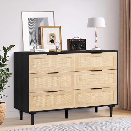 FUQARHY Rattan Dresser for Bedroom, Modern 6 Drawer Double Dresser with Gold Handles, Wood Storage Chest of Drawers for Bedroom,Living Room,Hallway (Black) - Thumbnail 6