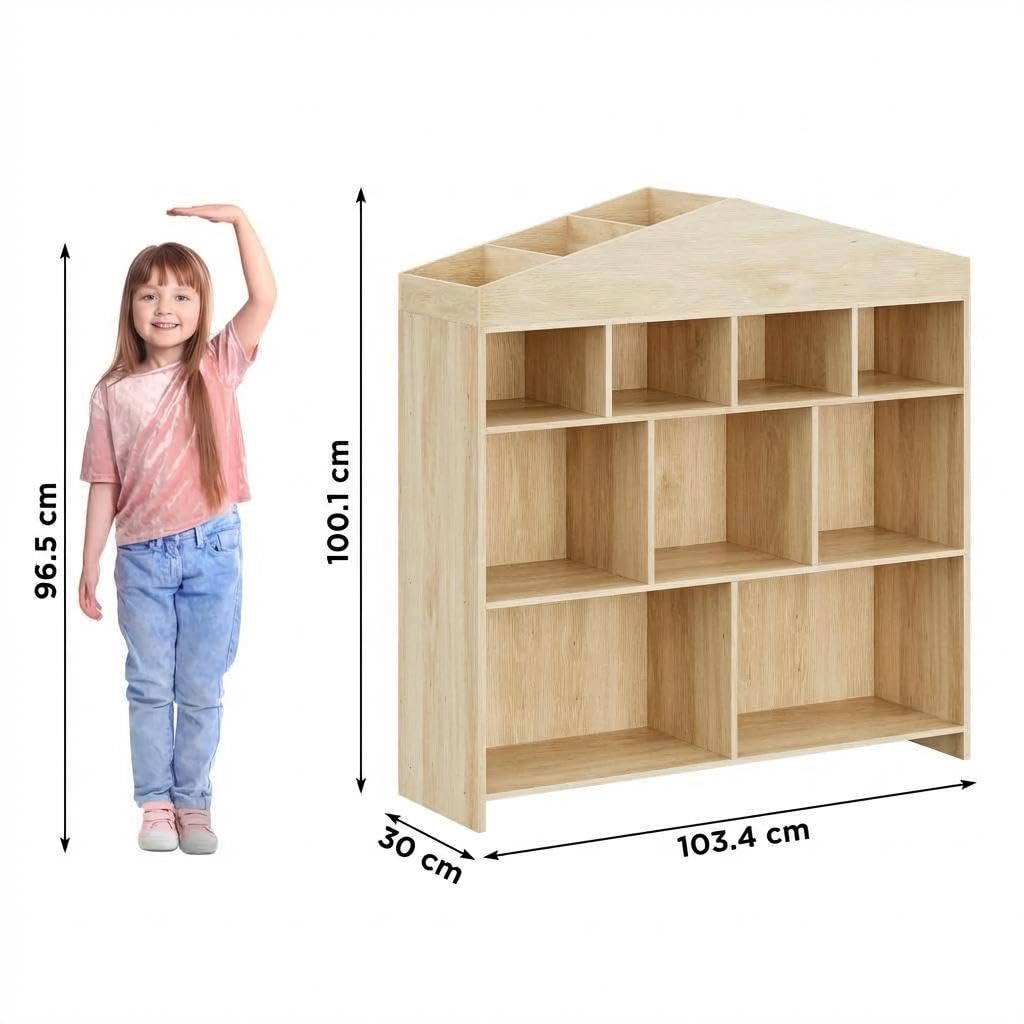 Estantería Infantil En Forma De Casa, Librero Organizador De Madera con 4 Niveles y 15 Compartimentos para Libros y Juguetes, Mueble con Kit Antivuelco para Dormitorio y Guardería, Madera