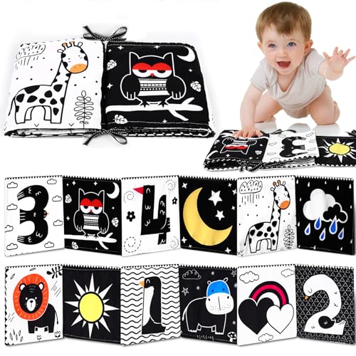 Image of VteePck Newborn Toys Black and White High Contrast Baby Toys for 0-6, 6-12 Months, Early Education Baby Book with Numbers, Weather and Animals Signs, Tummy Time Toys, Baby Registry Search Gifts
