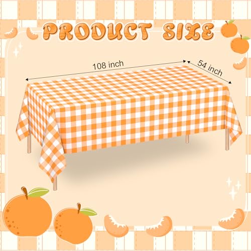 Image of WNINK 6 Pack Orange and White Checkered Rectangular Plastic Tablecloths, Orange Gingham Waterproof Disposable Table Covers 54 inch x 108 inch for Birthday, Wedding, Outdoor Picnic Camping Parties