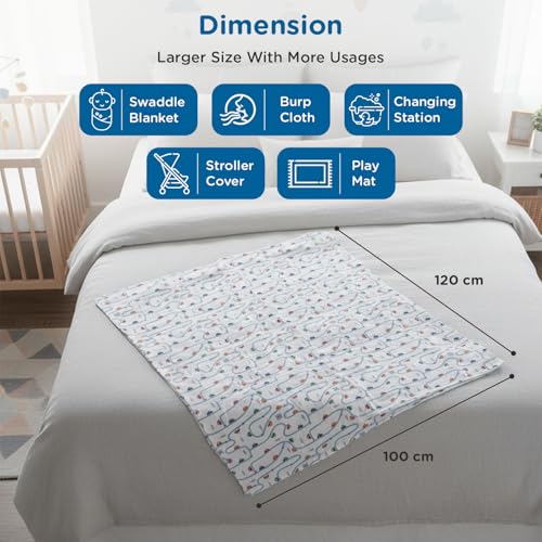 Image of Mee Mee 100% Muslin Cotton Swaddle Wrapper Set (Pack of 3) | Soft, Quick-Drying & Highly Absorbent Baby Blanket Towel | Printed Mulmul Cloth for Newborn Essentials (Multicolour, 120 x 100 cm)