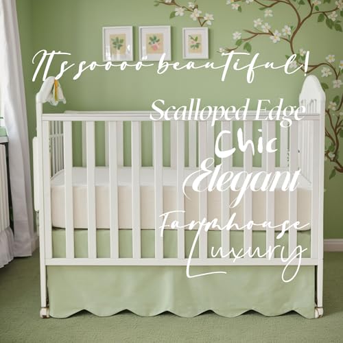 Image of Brandream Scallop Edge Cotton Crib Skirt Toddler Bedskirt Baby Nursery Crib Bed Skirt Gender Neutral Solid Color Light Green Farmhouse Chic Boho Bohemian Skirt