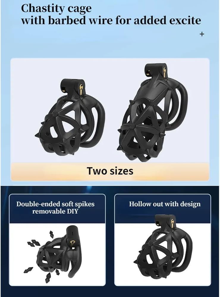 Male BDSM Chastity Device Breathable Cock Cage Upgraded 3D Cage Set with 4 Arc Rings and Removable Soft Spikes, Feel The Pain CBT Men Abstinence Penis Bondage SM Extreme Fetish Sex Toy (S)