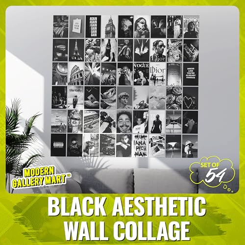 Image of MODERN GALLERY MART Pack of 54 Black Aesthetic Wall Collage Kit Posters - 4 x 6 Inches Posters for Wall Decoration - Wall Art For Bedroom, Office, Living room, Dorm room - Glue Dots Included