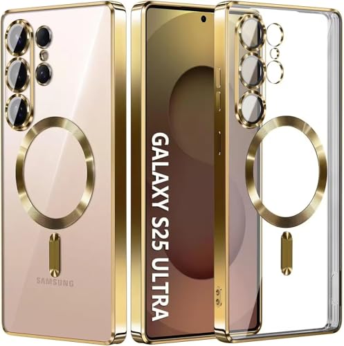 Image of VONZEE Clear Logo Electroplating Transparent Case for Samsung Galaxy S26 Ultra 5G, Magnetic Plating [Support for MagSafe Charger] Electroplate TPU Cover- Gold