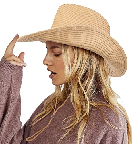 Straw Cowboy Hat Panama Woven Sun Hats Men & Women Wide Brim Cowgirl Western-Hat With Belt Summer Beach (57Cm/22.5 Inch) Khaki #TOP2