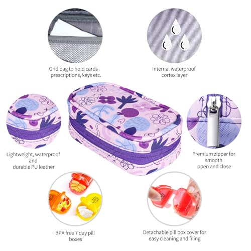 Image of Serfeymi Weekly Travel Pill Organizer 2 Times A Day AM PM Upgraded Rainbow Pill Box 7 Day with Portable Zipper PU Leather Pill Case, Medicine Organizer for Pills, Vitamins, Fish Oils - Purple 02