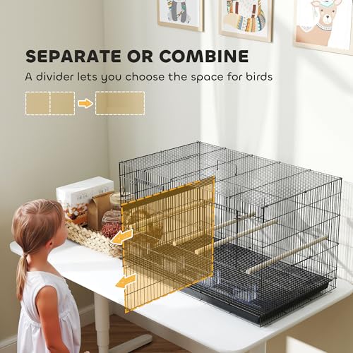 PawHut Bird Cage with Divider, Parrot Cage with 4 Wooden Perches, Slide Out Tray, 4 Feeders, for Budgie, Lovebird, Canary, Finches, 76 x 46 x 46cm, Black - Image 3