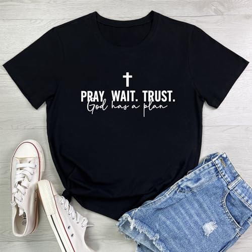 LOOKFACE Women Pray Wait Trust Soft Tees Cute Graphic T Shirts Black Large by LOOKFACE - Used condition - Image 2