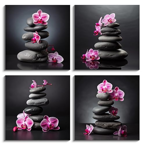 NAN Wind Zen Wall Art Purple Orchids and Zen Stones D cor Orchid Canvas Wall Art Flowers Spa Pictures Artwork Stretched and Framed Floral Wall Art Ready to Hang for Bedrooms Living Rooms Dining Areas