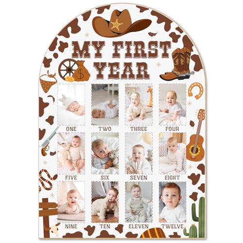 JGUNSHUIW Western Cowboy Cowgirl My First Year Photo Board - Newborn 12 Months Milestone Wooden Photo Board, First Birthday Decorations, Baby Keepsake Gift Supply (Fit 2x3in Pic) -02