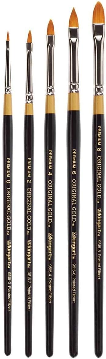 KINGART Premium 5 pc. Original Gold 9515 Series Pointed Filbert Artist Brush Set, Synthetic Golden Taklon Hair for Acrylic, Oil, Watercolor and Gouache Paint, Short Handle,5 Sizes: 0, 2, 4, 6, 8