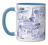 Preppy French Blue Paris Toile Cafe Poodle Eiffel Arc Trees Ceramic Mug, Blue/White