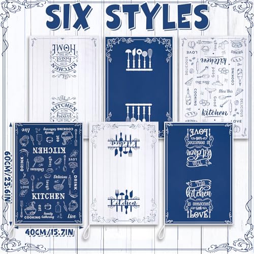 Image of Bencailor 6 Pcs Blue White Kitchen Towels Decorative Sets Dish Towels Absorbent Fast Drying Hand Tea Vintage Hanging Reusable Cleaning Dishcloths for Cooking Farmhouse Bathroom Accessory