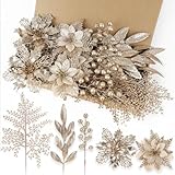 N&T NIETING 30Pcs Champagne Christmas Poinsettia Artificial Flowers & Glitter Berries Leaf...