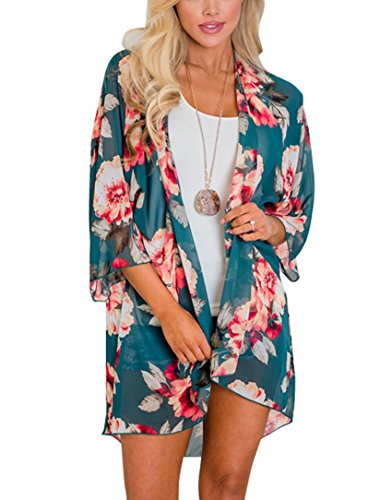 Floral Find Women's Floral Pattern Shawl Chiffon Kimono Summer Casual Loose Fit Cardigan (Small, Teal Blue)