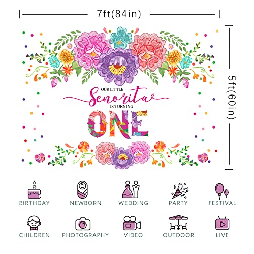 Rsuuinu Mexican Fiesta 1st Birthday Backdrop for Girls Flowers Senorita Turning One Photography Background 7x5ft Fiesta Girl's First Birthday Party Decorations Supplies Banner Photo Booth Props by Rsuuinu - Used condition - Image 6