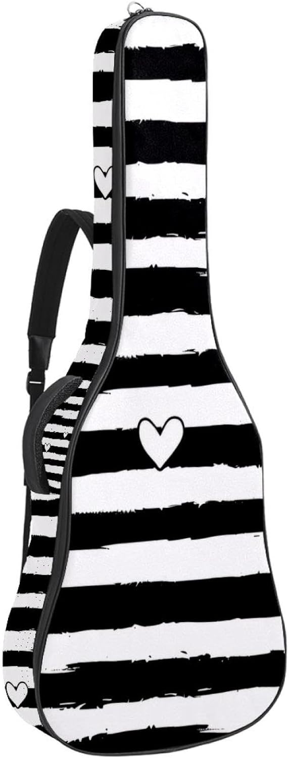 Acoustic Guitar Bag, 40 41 42 Inch Guitar Case Cover Soft Guitar Gig Bag for Acoustic Electric Bass Classical Guitar, Black and White Stripes with Valentines Hearts