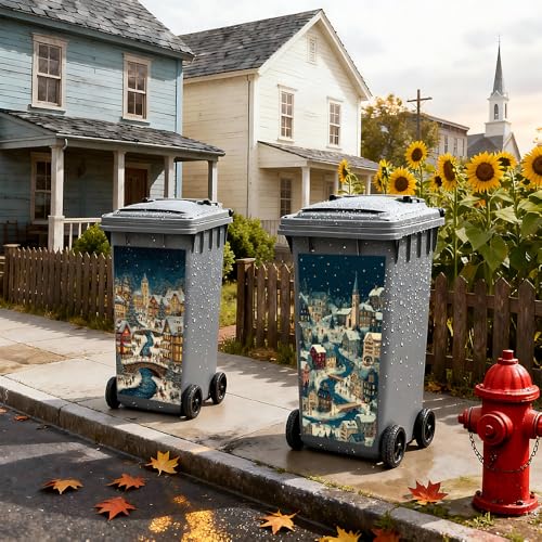 Image of 2 PC Trash Can Sticker 14.57 x 32.28 Inch Christmas Village Winter Town Vinyl Sticker with River Bridge Night Light and Snow House Pattern for Outdoor Garbage Bin Garden Yard Decor