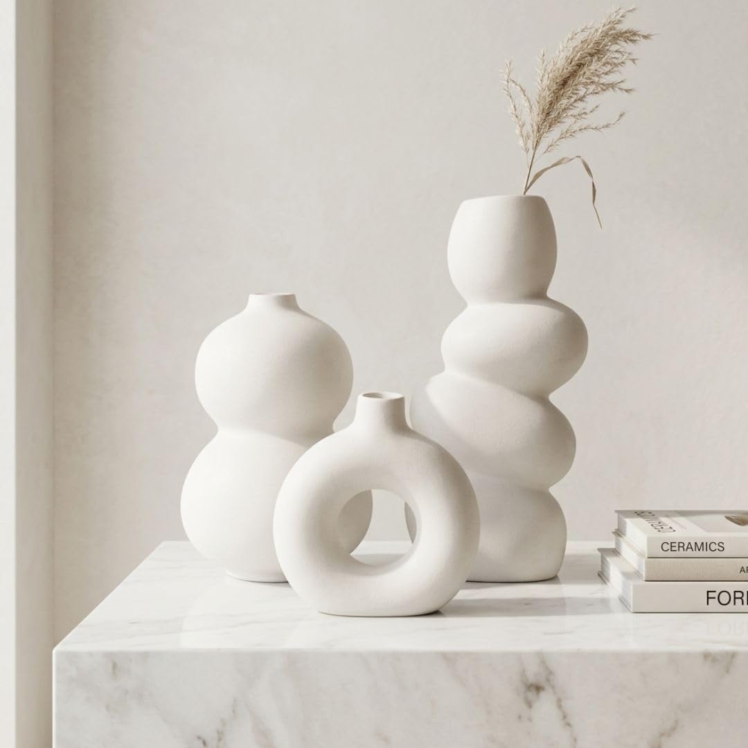 Modern Ceramic Vase Set of 3 | Nordic Minimalist Donut & Abstract Bubble Design Flower Vases | Matte White Home Décor for Living Room, Table, Shelf, Office | Pampas & Dried Flower Vase-image-14