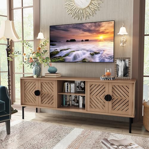 Image of ARTPOWER 63 inch Modern TV Stands，Entertainment Center with Storage，Natural Oak | TV Console for up to 75 inch TVs,TV Cabinet with 4 Doors & Adjustable Shelves, Media Console with Metal Handle for Living Room