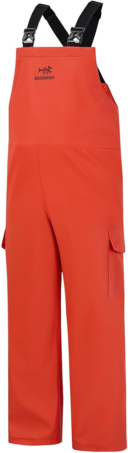 BASSDASH Men’s Waterproof Fishing Bibs Stain Resistant Rain Pants Adjustable Lightweight Pu-Coated Workwear Overalls