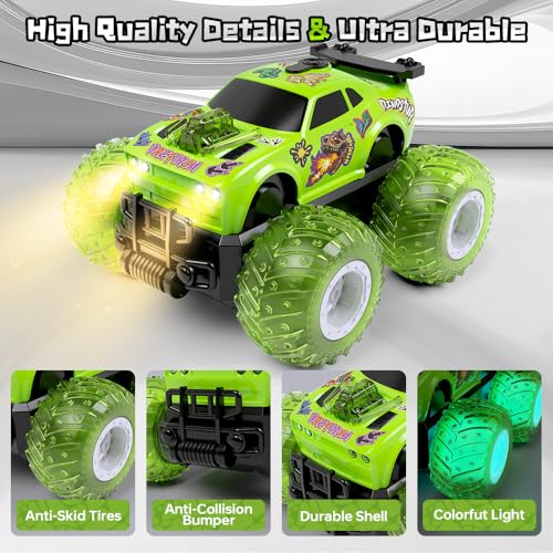 Drefirsa Remote Control Car for Toddler, Monster Truck for Boy Age 4-7 with Dinosaur DIY Sticker, Headlight, Colorful Light, Spin, and Mist, Birthday Gift Toy for Boy Age 3-5 5-7 — view 5