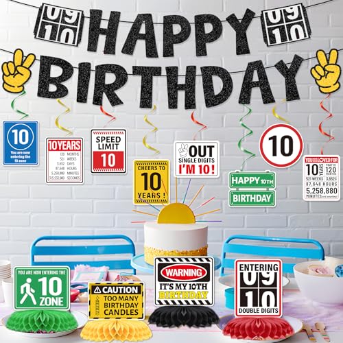 Image of 10th Birthday Decorations for Boys Girl, 14PCS 10 Year Old Happy Bday Banners with Hanging Swirls Party Decoration out Single Digits I'm 10 Honeycomb Centerpiece Decor