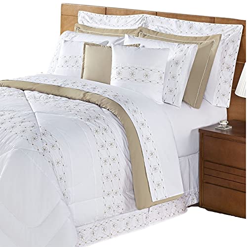 Kit Edredom Damasco Queen 11 Peças - Branco/Bege