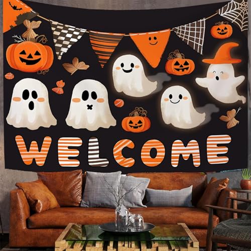 Tapisserie murale d'Halloween deco salon grand format avec motif fantome et citrouille