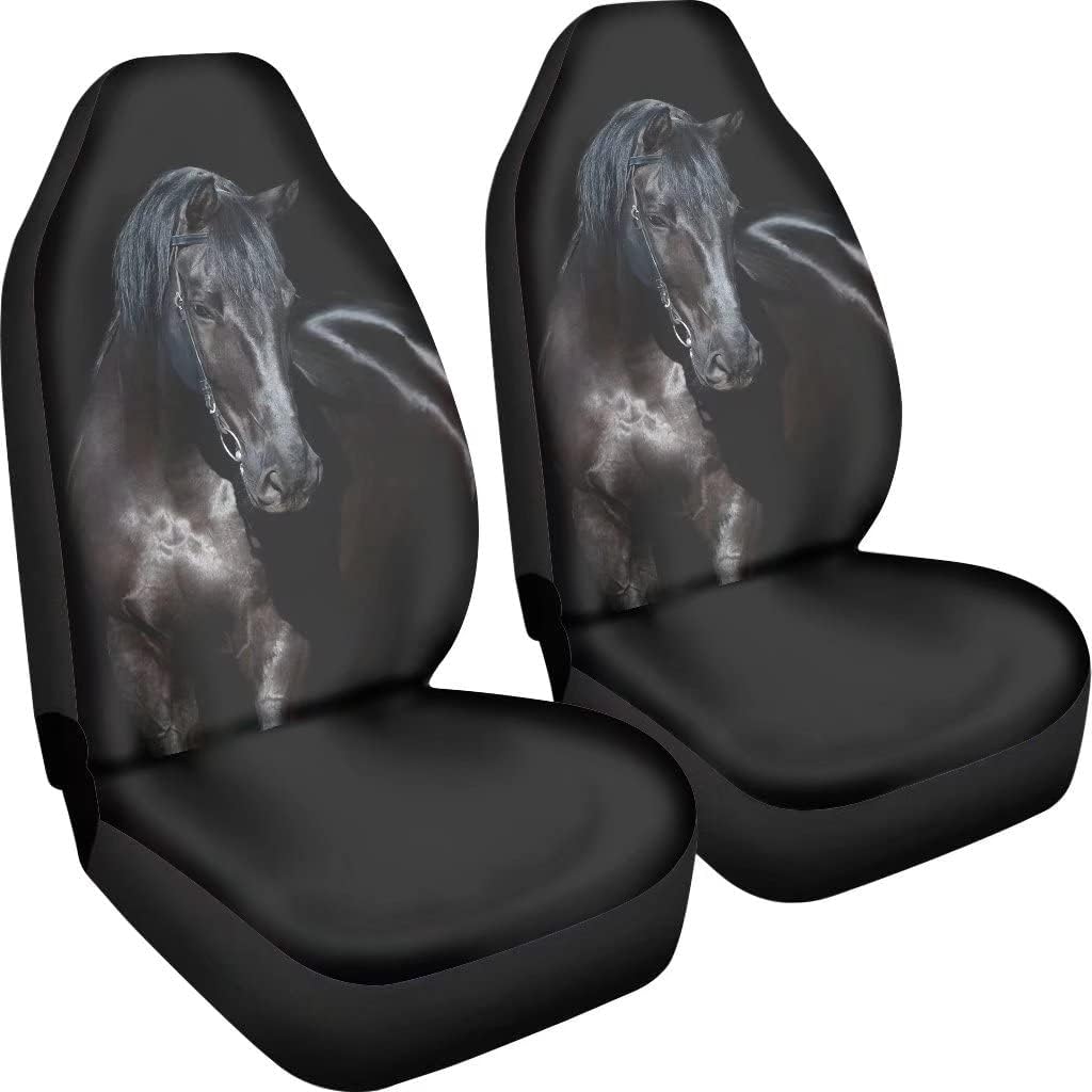Dellukee Auto Front Car Seat Covers Seats 2 PCS Black Horse Print Universal Bucket Interior Accessories Decoration fits Most Cars, SUVs, Trucks, and Vans