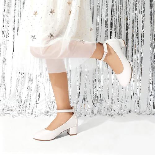 DREAM PAIRS Mädchen Kleiderschuhe Chunky High Heels Knöchelriemen Party Hochzeit Prinzessinnen Pumps für kleine und große Kinder,Size 37.5,Weiss,KKUMPU2502