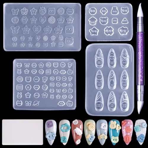Laza 4pcs Button Silicone Nail Art Molds, 3D Multiple Shapes Embossed Button Nail Charms Nails Accessories with Carving Pen Resin Nail Art Mold Manicure Tools for Manicures Design