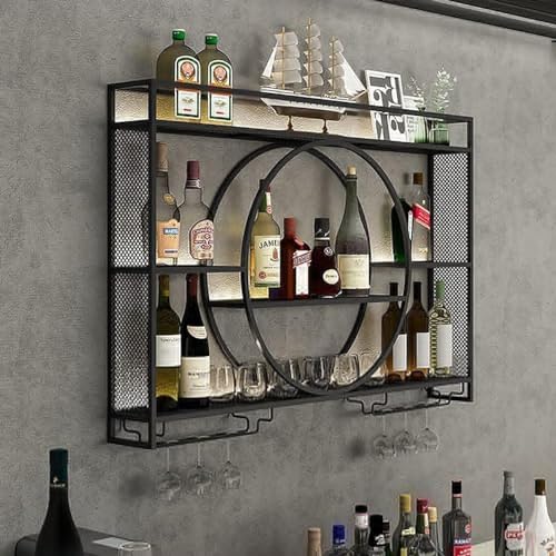Wine bar da parete con ripiani galleggianti – Scaffale multifunzionale in ferro per champagne da cucina sala da pranzo o armadio espositore – ideale per gli appassionati di vino e decorazione della