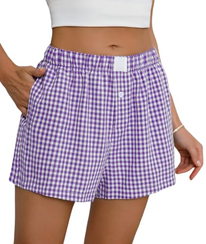 Lziizl Boxer Shorts for Women Cotton Summer Casual Pajama Y2K Sleep Gingham Plaid Shorts Bottom with Pockets Purple