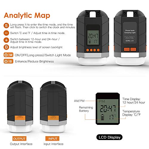 Led Camping Lantern Rechargeable, Up To 500H Play, Power Bank 10400Mah, 4 Light Modes, Time Clock Lcd Screen, Waterproof, Tent Lights Lantern Flashlight For Power Outage, Hurricane, Emergency #TOP7