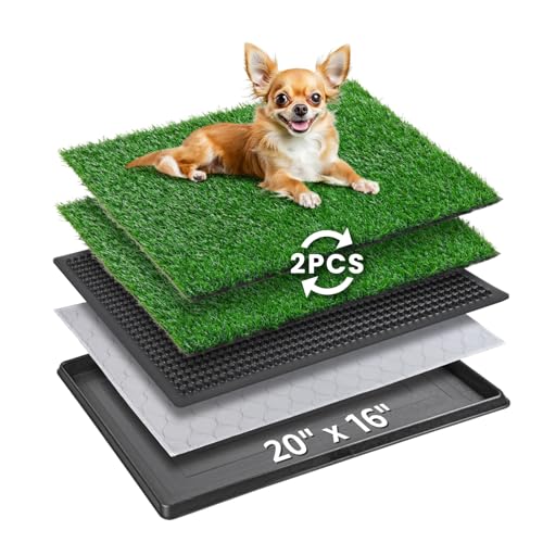Image of Dog Grass Pad with Tray - 20''x16'' Litter Box for Balcony Apartment | 2 Pack Replacement Artificial Grass, Indoor Outdoor Potty Training Turf, Washable Reusable Pee Pad for Dogs, Easy to Clean