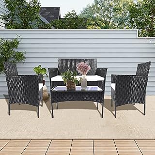 Xhomrattan 4 Pieces Garden Furniture Sets Poly Rattan Outdoor Patio Furniture PE Wicker Furniture Set Includes Armchairs Loveseat and Table for Garden Backyard Balcony, Black