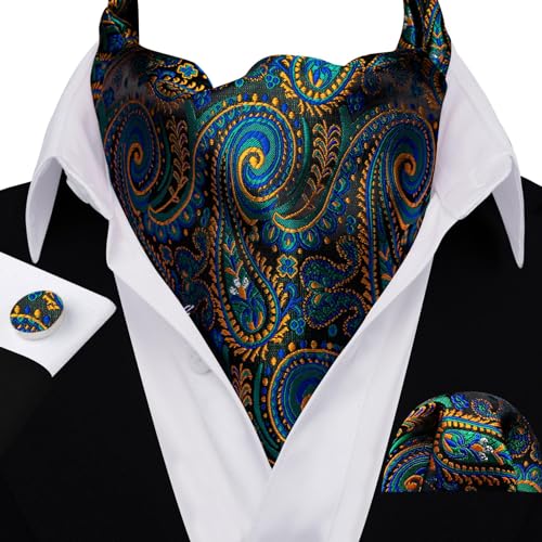 Image of Barry.Wang Ascot Ties Cravat Tie Men Paisley Plaid Scarf Self Tie Pocket Square Cufflinks Set Wedding Party