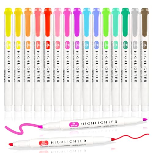 Gelanty Highlighters Pens 15 Colors Highlighter Markers Dual Tip Cute Aesthetic Stationery for Colouring Underlining Note-Taking Journals
