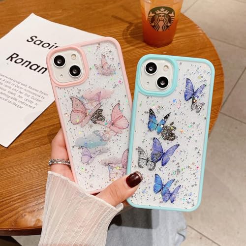 Image of VONZEE for iPhone 15 Clear Glitter Butterfly Case, Cute Bling Sparkle Shiny Soft TPU Bumper Shockproof Women Girls Slim Protective Phone Cover for iPhone 15 6.1 inch,Pink