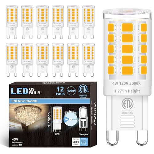 hansang 12 Pack G9 LED Bulb 3000K Soft White, 4W (40W Halogen Equivalent), T4 Light Bulbs for Crystal Chandelier, G9 Bi Pin Ceramic Base, AC120V, 400LM, 360°Beam Angle, No-Flicker, Non-Dimmable