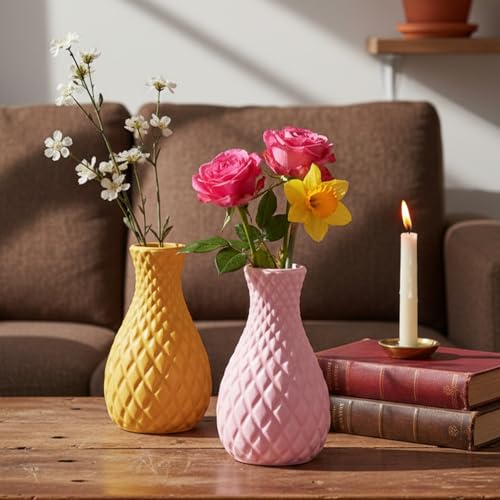 TrustBasket Serenity Decorative Plastic Flower Vase Set Yellow Pink, Modern Table Top Home Accent for Living Room Bedroom Dining Office, Minimalist Durable Lightweight Decorative Set of 2